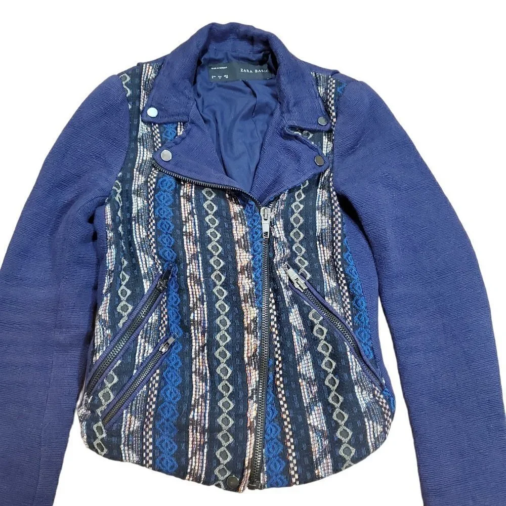 Zara Basic Womens‎ Blue Aztec Tribal Moto Asymmetrical Full Zip Jacket Size S